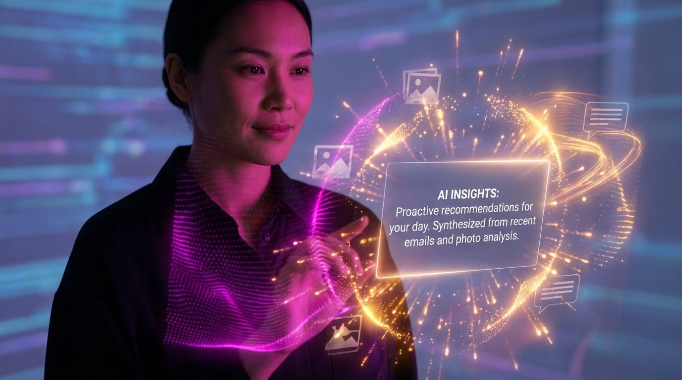 Una figura genérica ve una sofisticada pantalla holográfica brillante, que presenta "INFORMACIÓN DE LA IA" de correos electrónicos y fotos en magenta y ámbar.