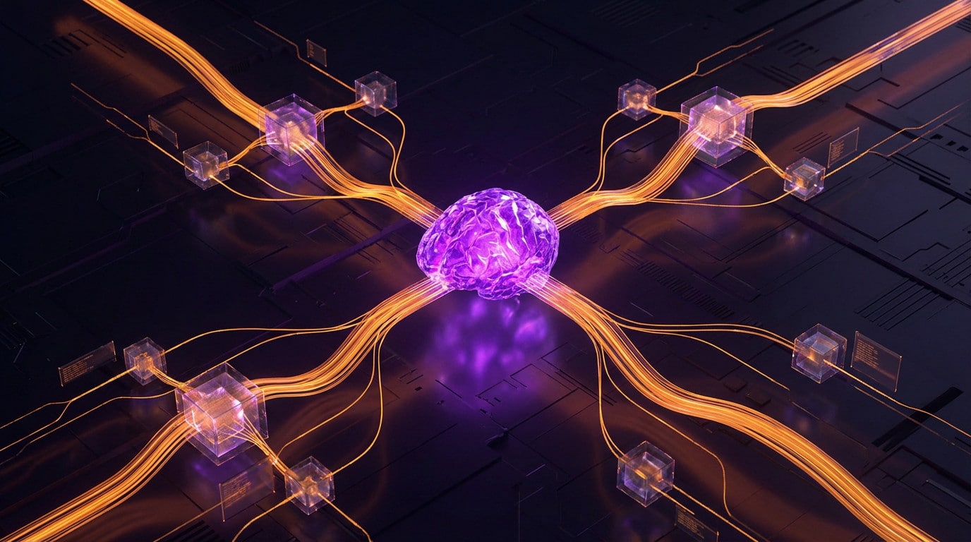 Imagen abstracta de un núcleo cerebral de IA púrpura brillante conectado por flujos de datos naranjas a nodos geométricos sobre un fondo digital oscuro.