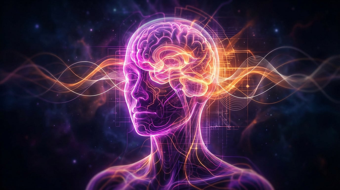 Cabeza humana abstracta resplandeciente con un cerebro visible, que se fusiona con intrincadas redes de IA magenta y naranja, simbolizando la Inteligencia General Artificial.