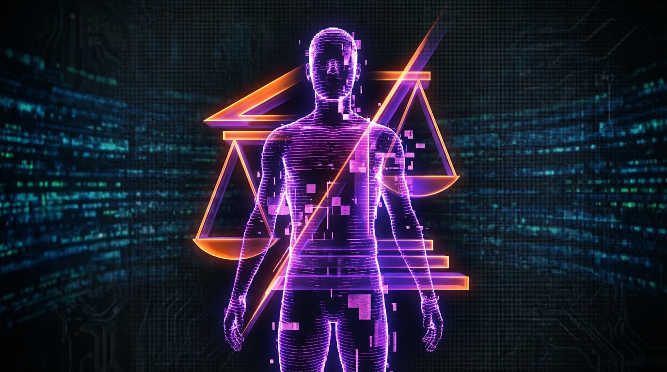 Digital human silhouette in vibrant purple, fragmented by pixels, surrounded by glowing orange scales of justice on a dark, data-strewn background, symbolizing AI manipulation and legal frameworks.