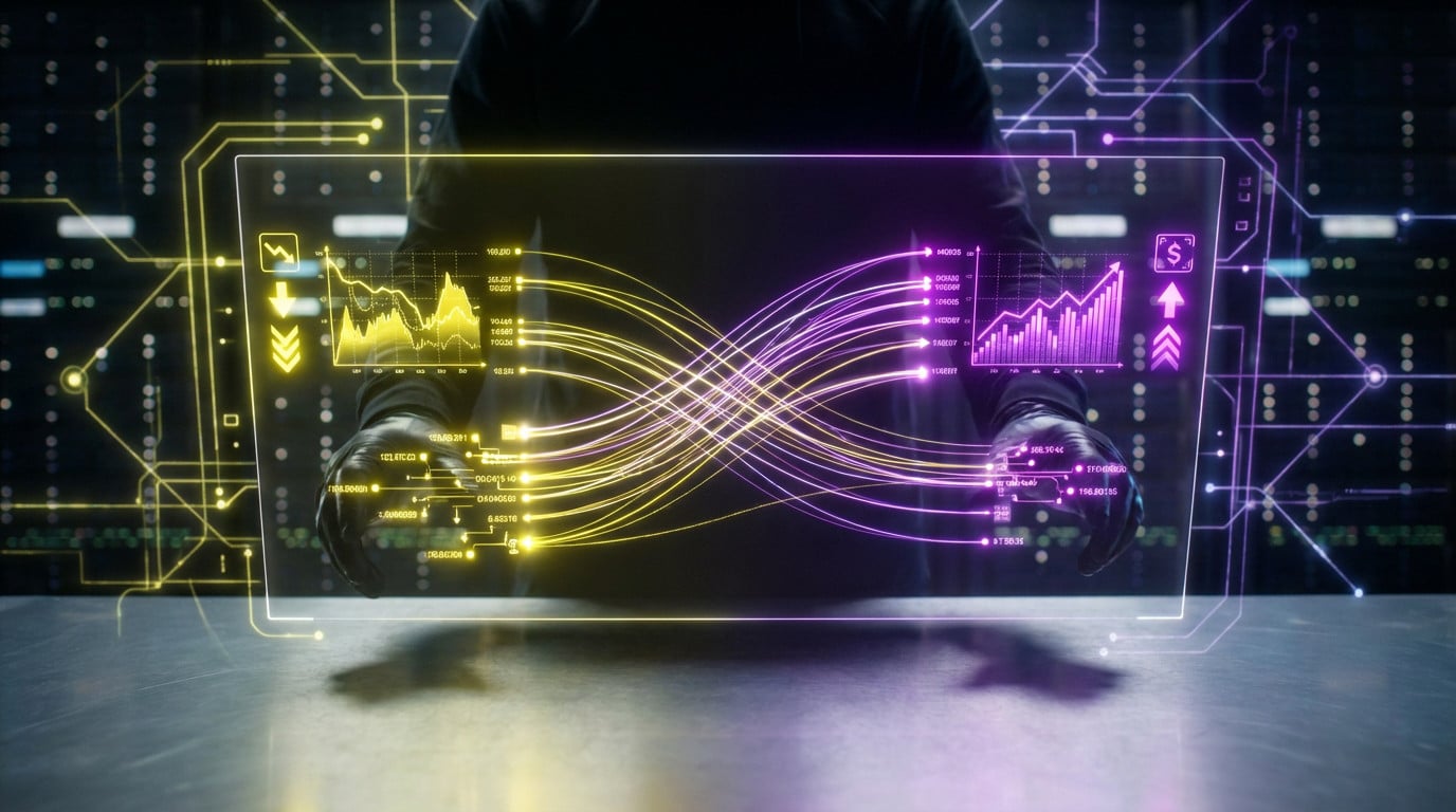 Manos anónimas interactúan con una interfaz holográfica brillante que muestra el arbitraje de la IA. El amarillo resalta "comprar bajo", el morado "vender alto", conectados por flujos de datos.