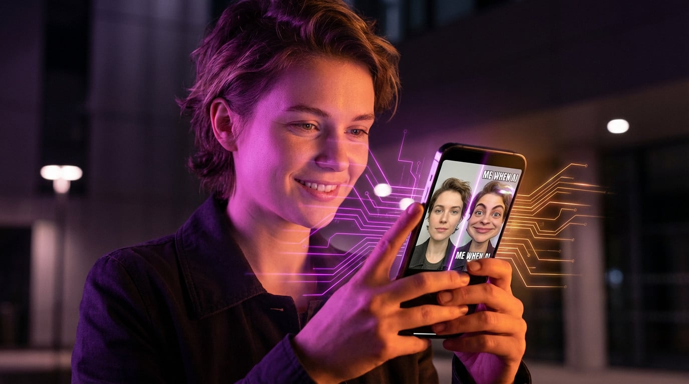 Una persona joven sonriente ve su selfie transformado en un meme de IA en un teléfono, rodeado de brillantes líneas digitales magenta y ámbar.