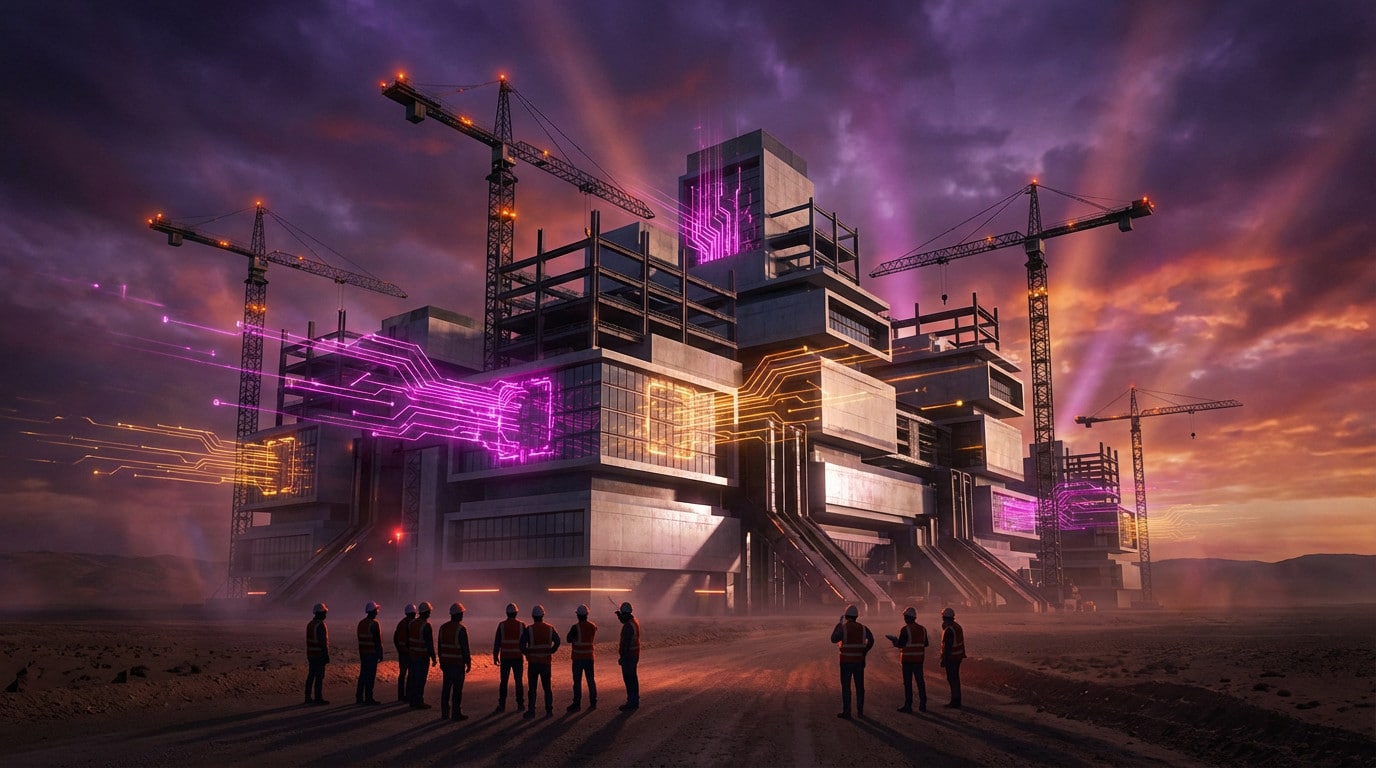 Cinematic view of a futuristic AI factory under construction, illuminated by vibrant magenta and orange data streams, with workers observing.