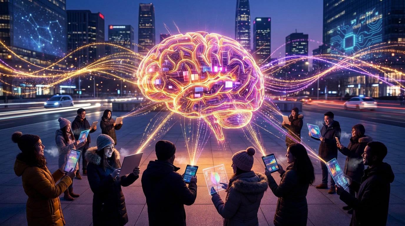 Un cerebro de IA abstracto y brillante irradia flujos de datos naranjas y morados a las personas que utilizan dispositivos digitales en una vibrante ciudad futurista.