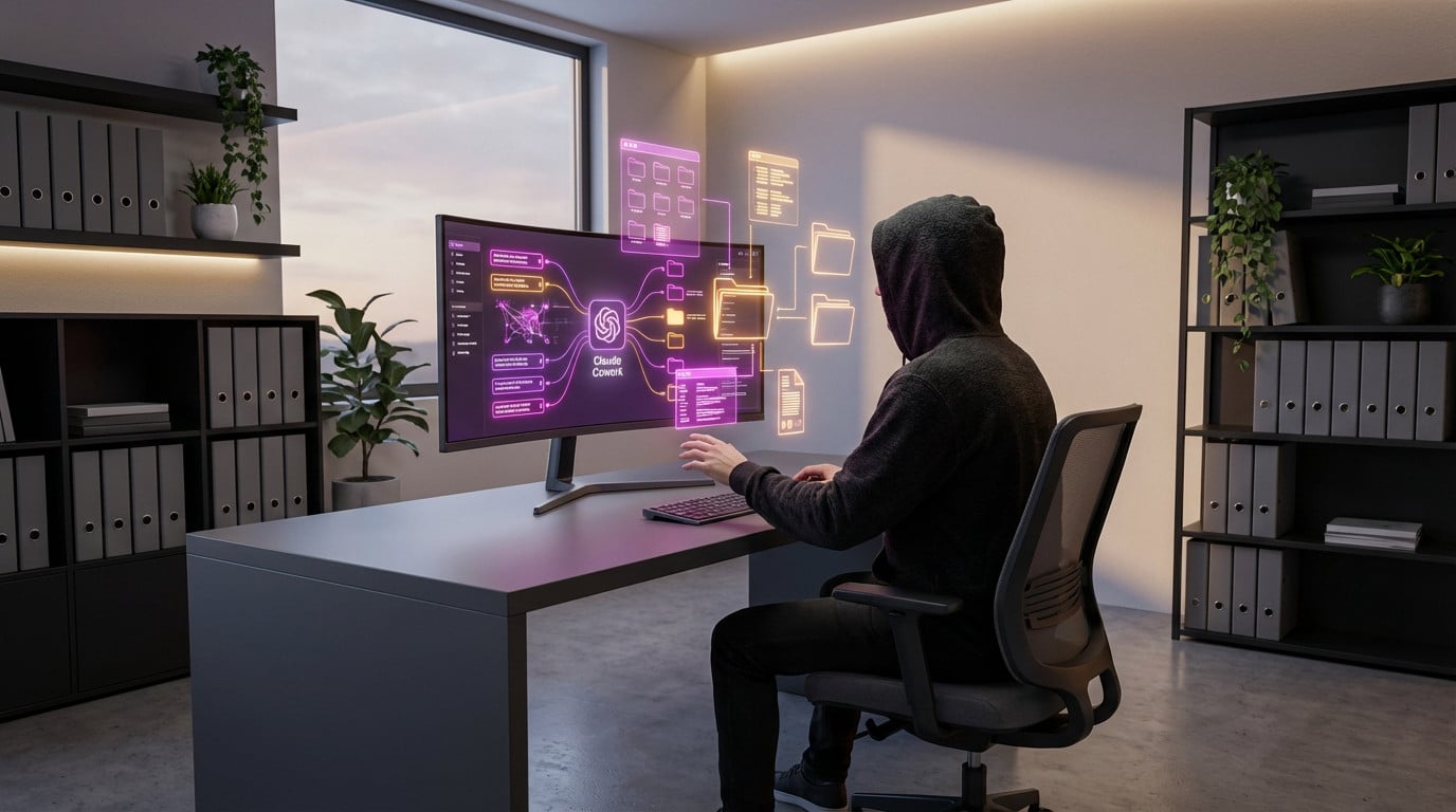 Una persona con sudadera con capucha usa una computadora con la IA "Claude Cowork", mostrando datos holográficos púrpuras/naranjas brillantes para la organización de archivos en una oficina moderna.