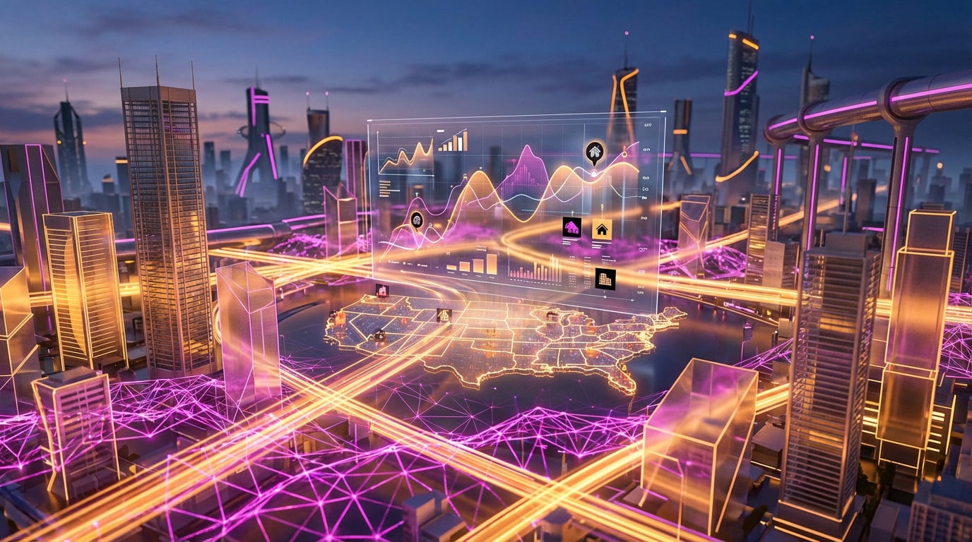 Escena de ciudad futurista con pantalla holográfica impulsada por IA que muestra datos inmobiliarios de EEUU, redes neuronales resplandecientes y flujos de datos en naranja y magenta.