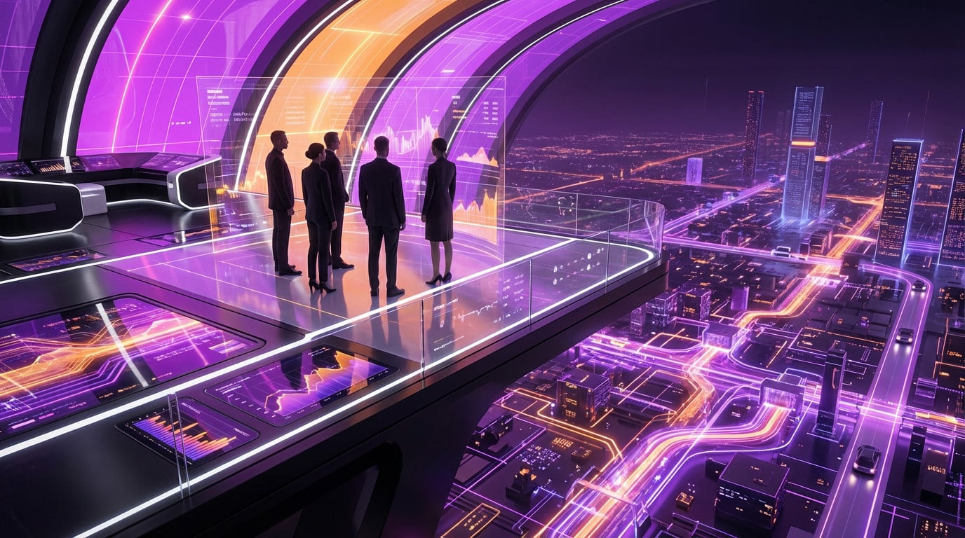 Cinco figuras trajeadas en una plataforma futurista elevada dominan una vibrante ciudad digital morada y naranja, que simboliza la riqueza y la desigualdad de la IA.