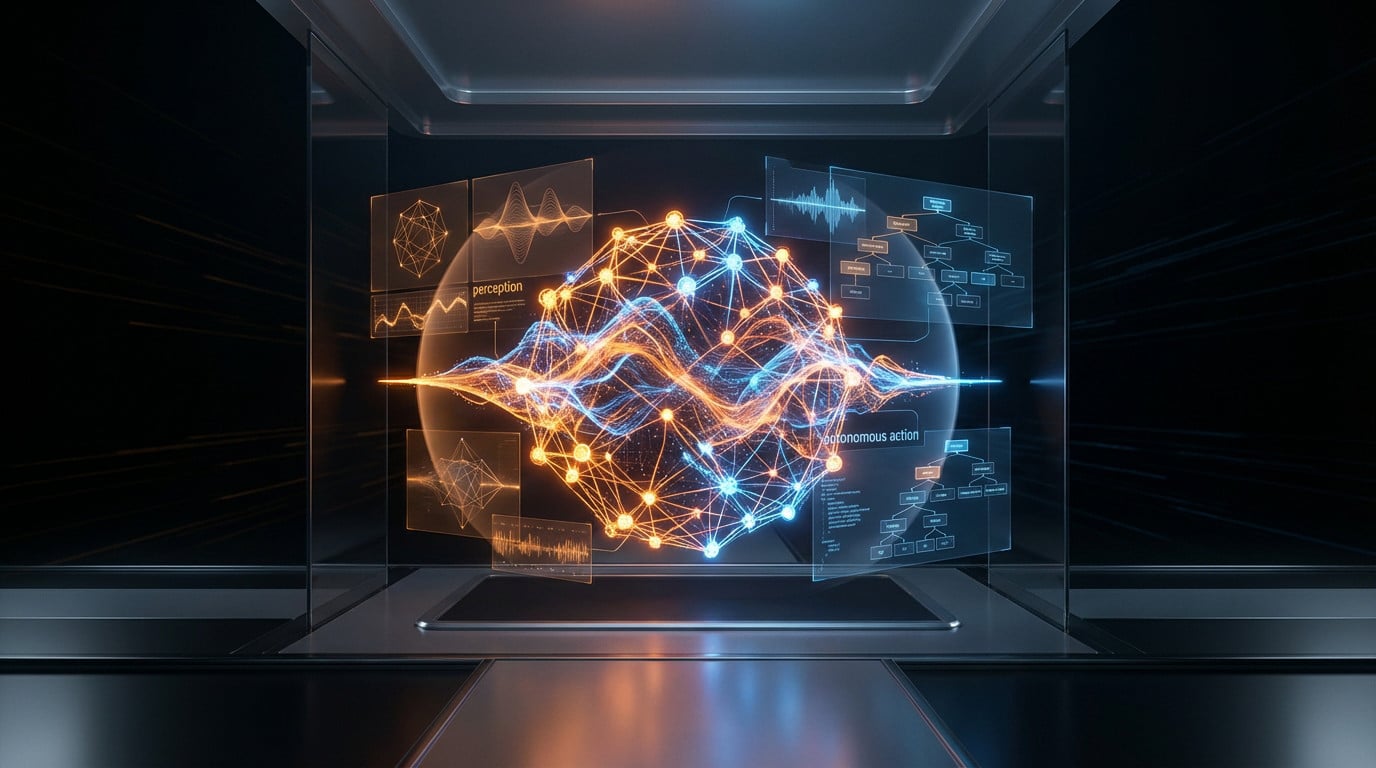 Una red de IA resplandeciente de nodos y flujos de datos en naranja y morado, con pantallas holográficas para la percepción y la acción autónoma, situada en un entorno oscuro y futurista.