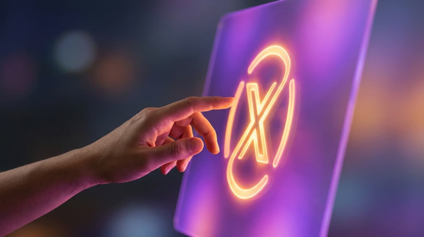 Primer plano de una mano que se extiende con decisión hacia una brillante pantalla digital púrpura con un icono de 'cancelar' de color ámbar, que simboliza la interacción moderna.