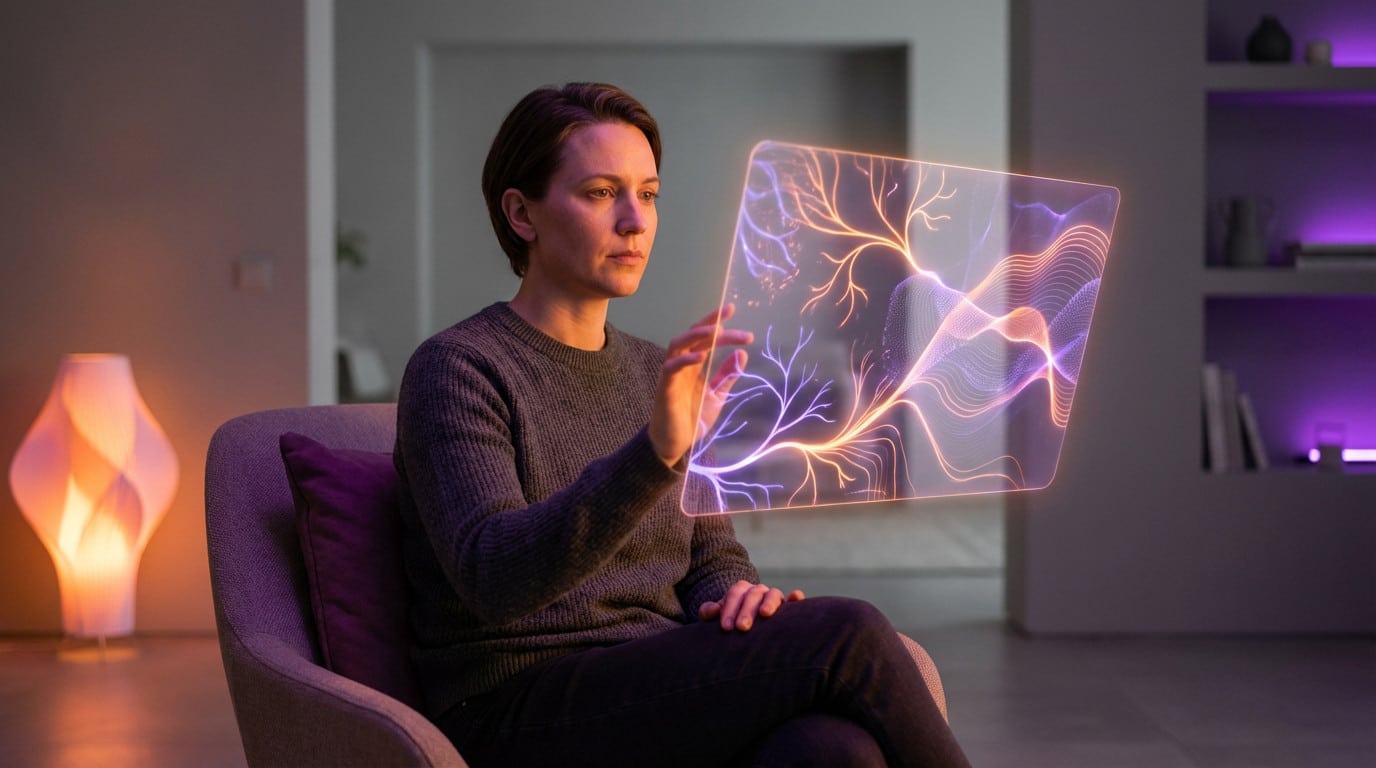 Una persona en un hogar moderno interactúa con una interfaz digital flotante y brillante que muestra patrones abstractos púrpuras y naranjas.