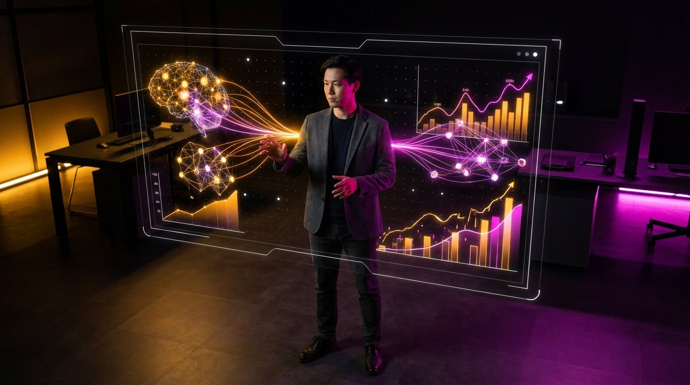 Individuo interactuando con una interfaz holográfica futurista que muestra redes neuronales de inteligencia artificial y gráficos financieros, iluminados en naranja dorado y magenta.