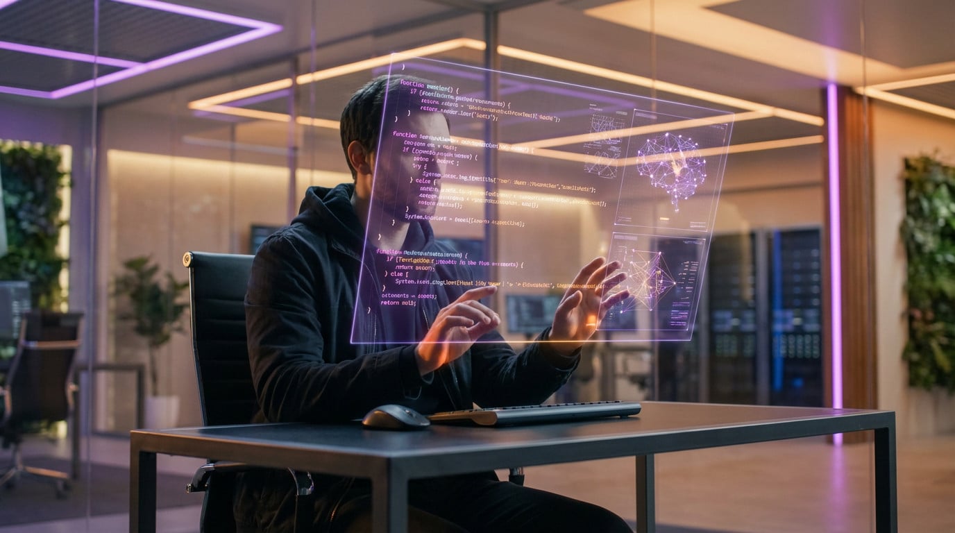 Un desarrollador interactúa con una brillante pantalla de código holográfico púrpura en una oficina moderna y futurista, que simboliza la colaboración humano-IA.