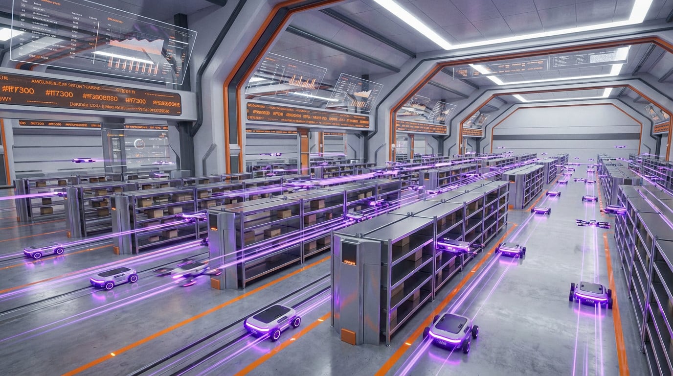 Almacén inteligente futurista con robots Edge AI que brillan en morado y drones que mueven paquetes, acentos naranjas y rastros de datos.