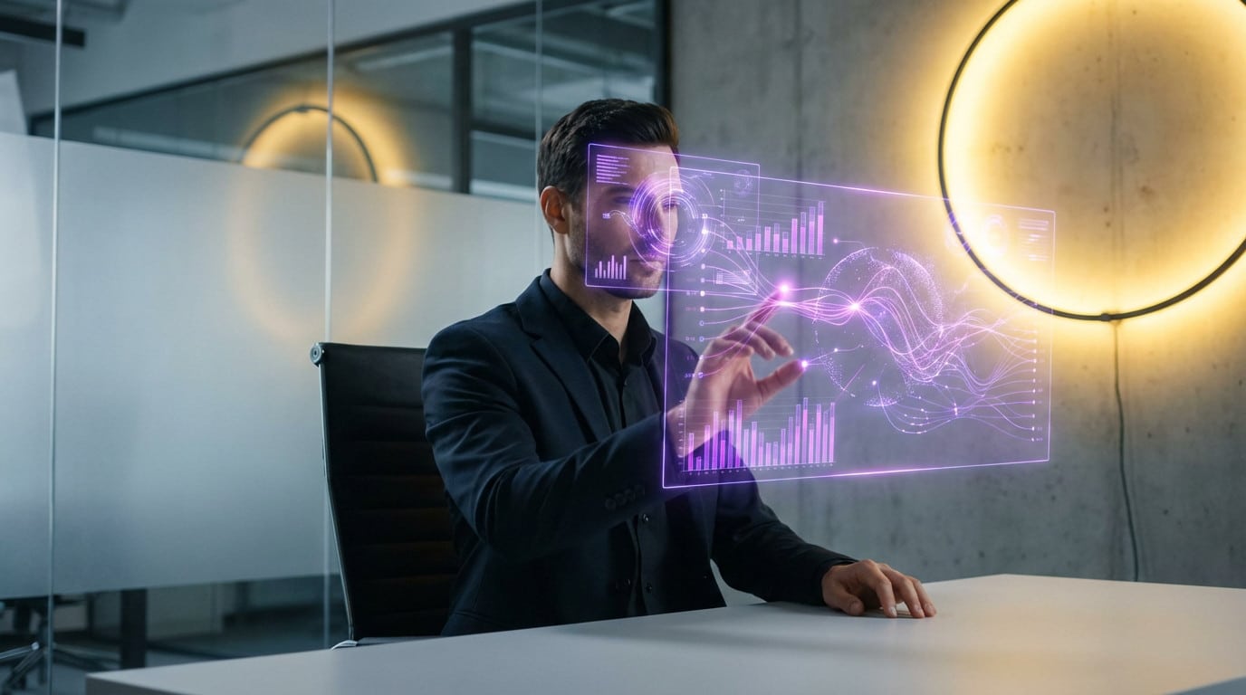 Un profesional interactúa con una resplandeciente pantalla holográfica púrpura de datos financieros en una oficina moderna, iluminada por una cálida luz amarilla.