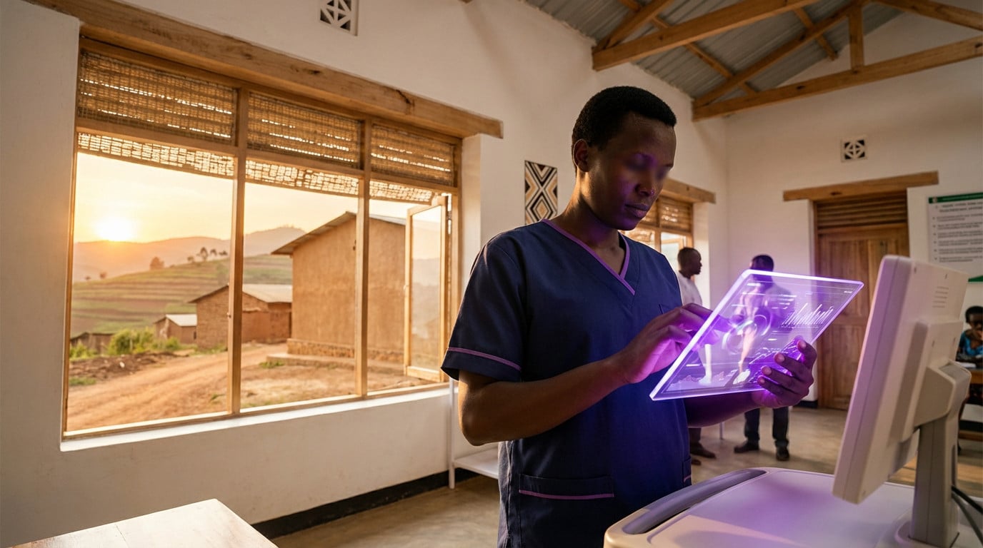 Profissional de saúde em clínica rural africana usa tablet transparente que brilha com dados médicos, amanhecer ao fundo.