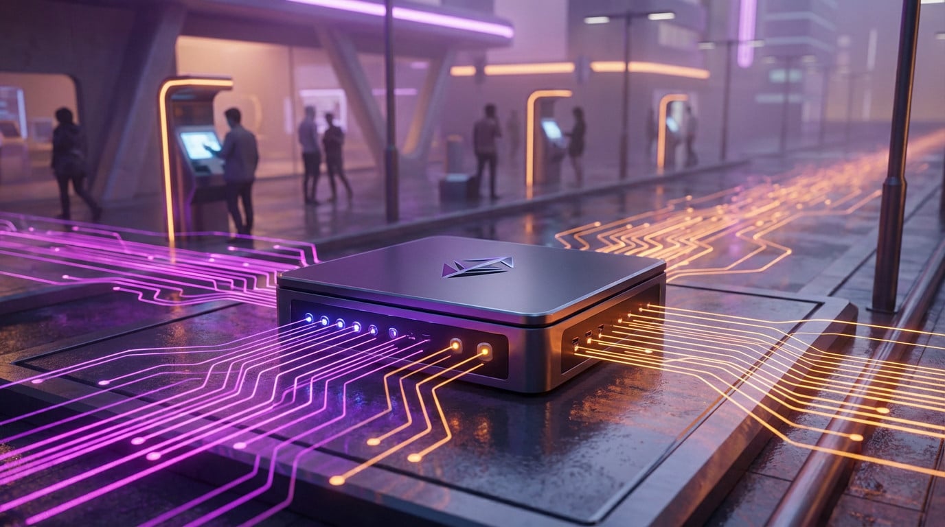 Un dispositivo central de computación en el borde con flujos de datos magenta y ámbar brillantes a través de una calle futurista de la ciudad con gente.