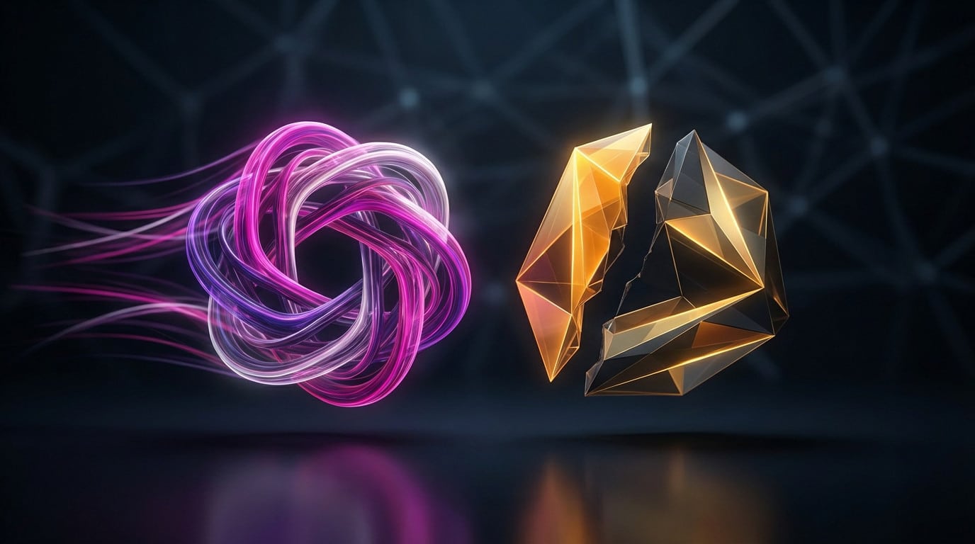 La forma abstracta de IA magenta se separa de la plataforma tecnológica ámbar fracturada, simbolizando una decisión deliberada contra la asociación.